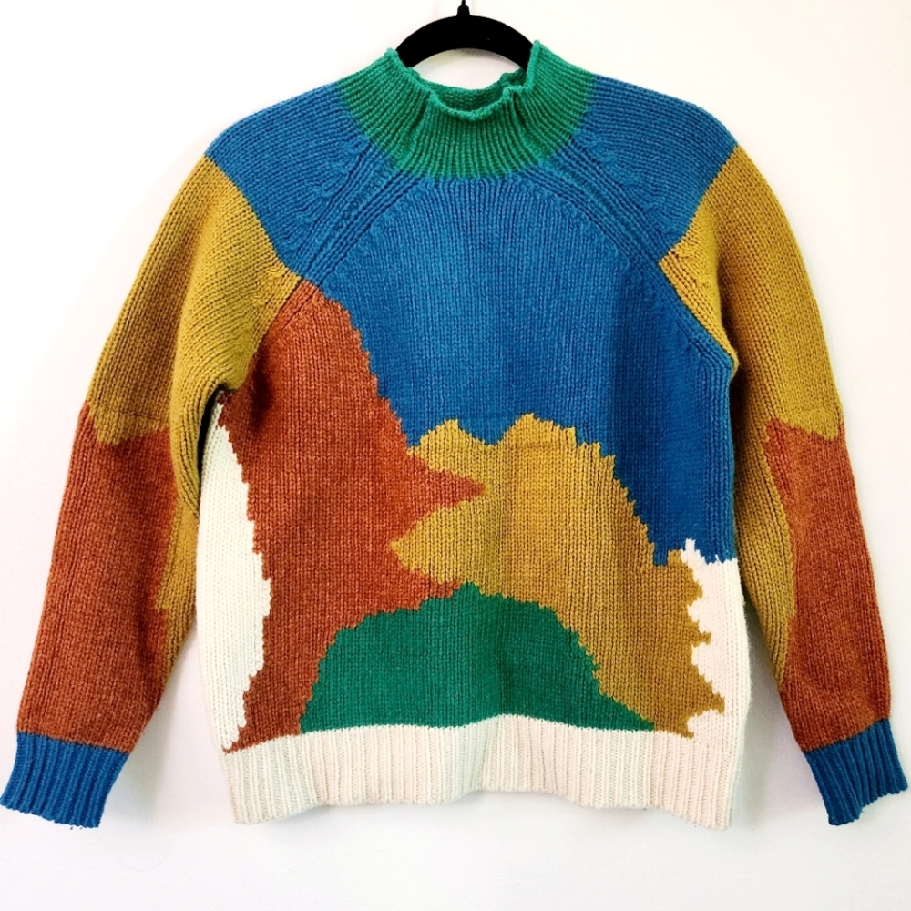 Zara Abstract Colorblock Mockneck Wool Blend Sweater